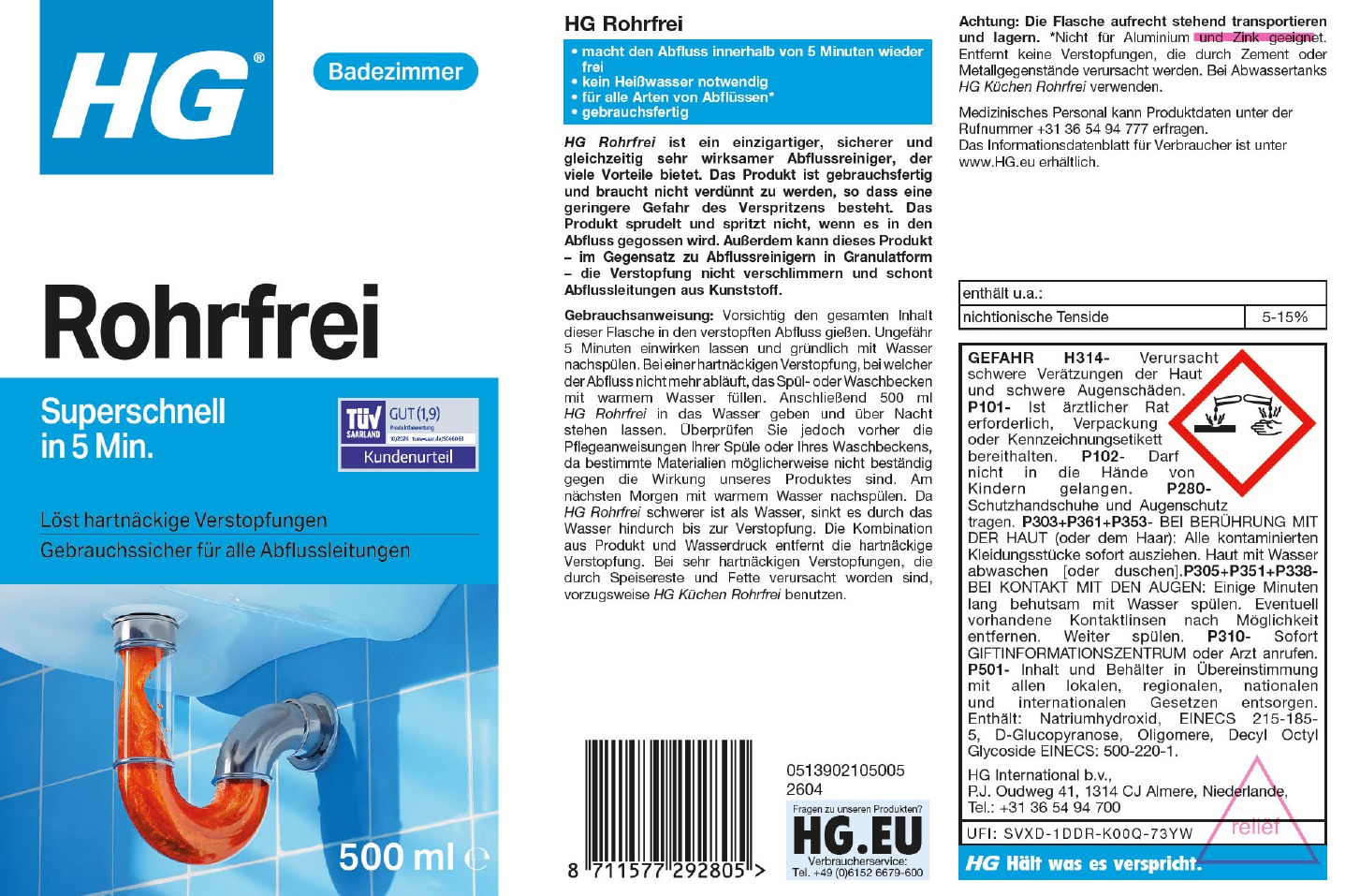 Etikett: HG flüssiges Rohrfrei (500 ml)