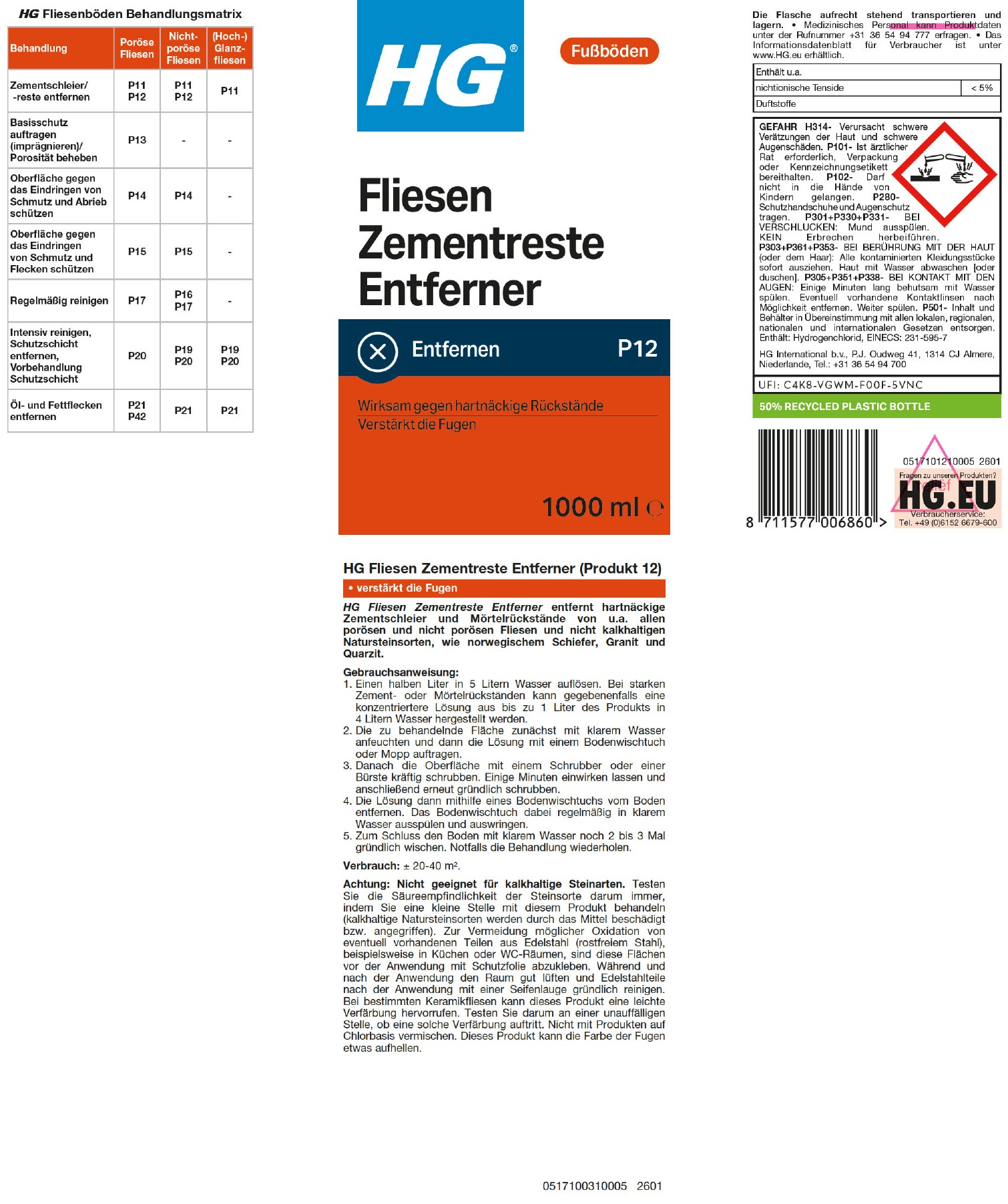Etikett: HG Fliesen Zementreste Entferner