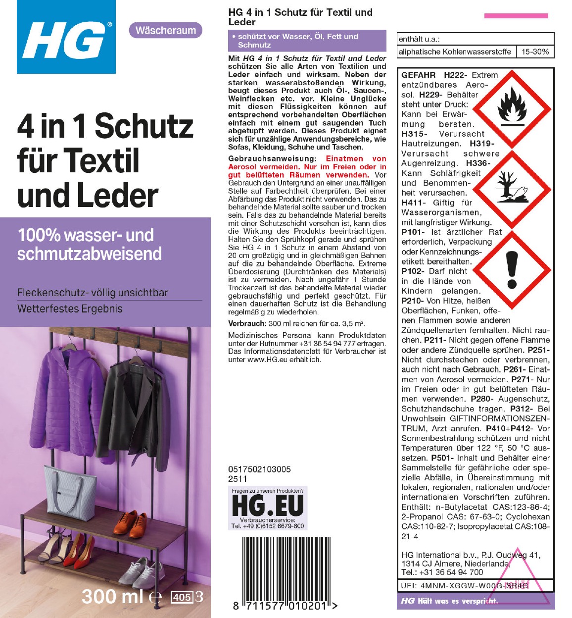 Etikett: HG 4 in 1 Schutz für Textil und Leder