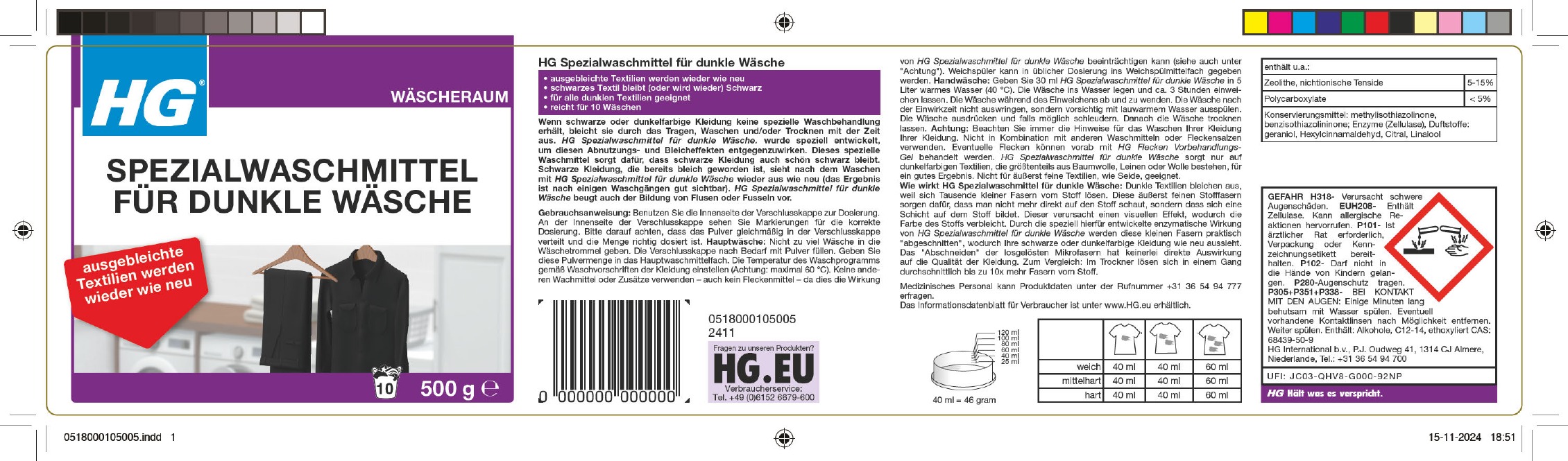 Etikett: HG Spezialwaschmittel für dunkle Wäsche