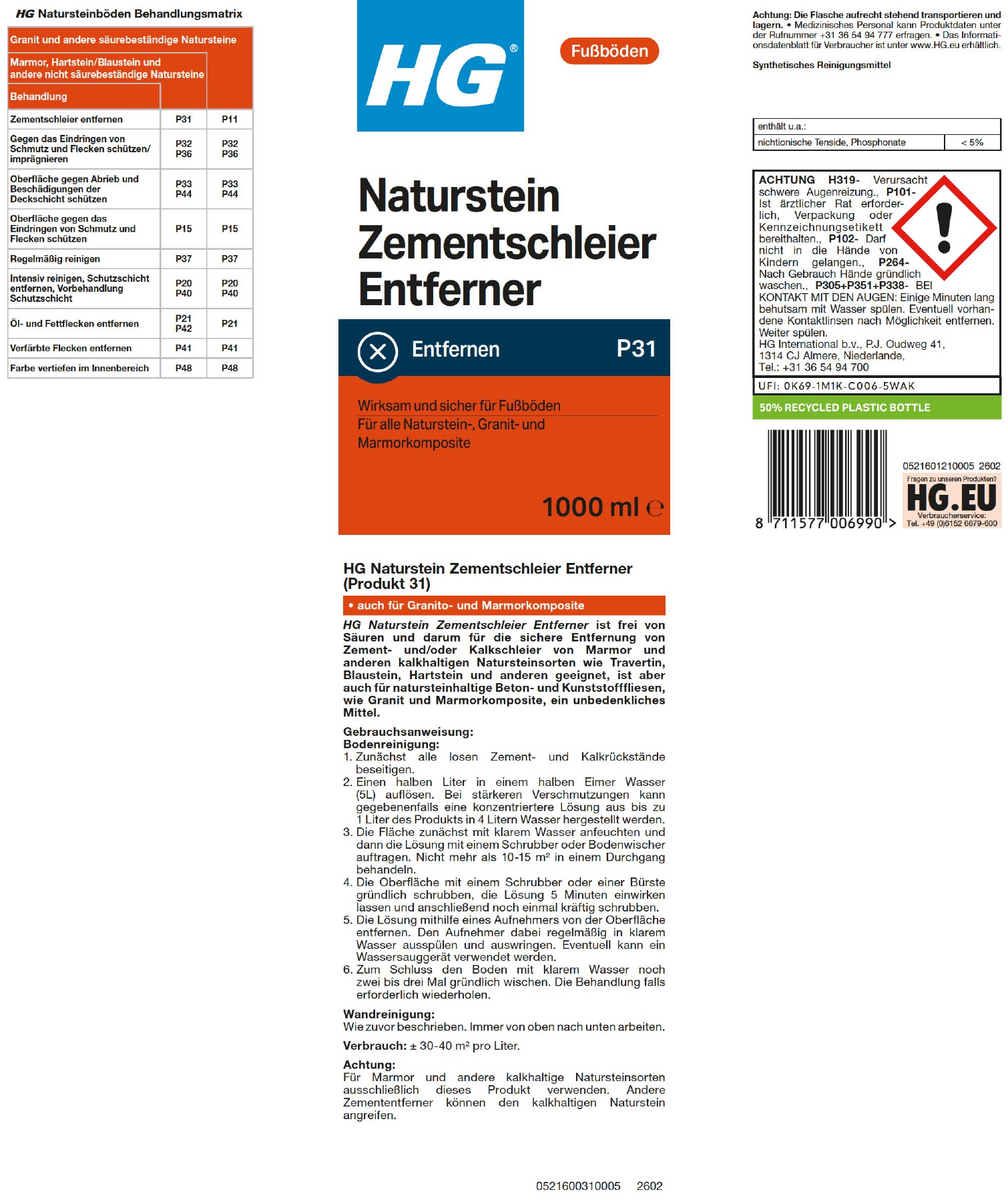 Etikett: HG Naturstein Zementschleier Entferner