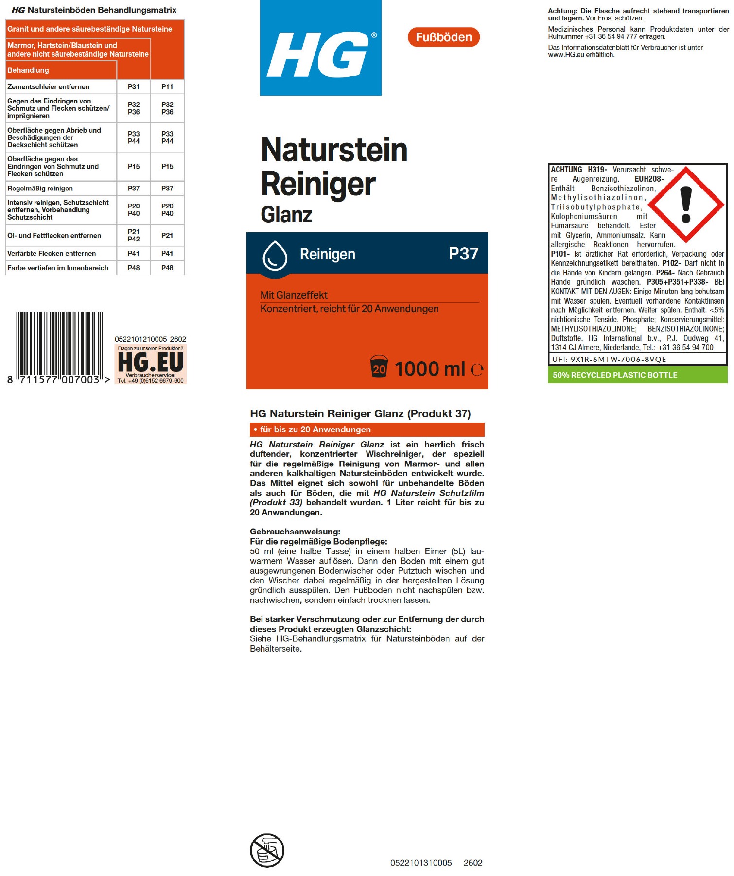 Etikett: HG Naturstein Reiniger Glanz