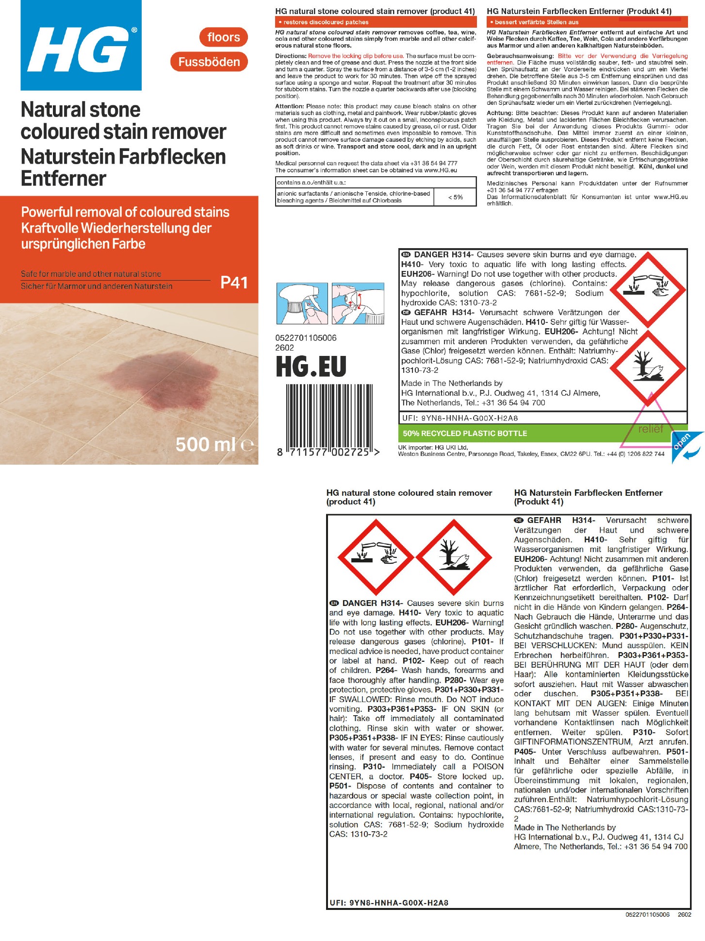 Etikett: HG Naturstein Farbflecken Entferner