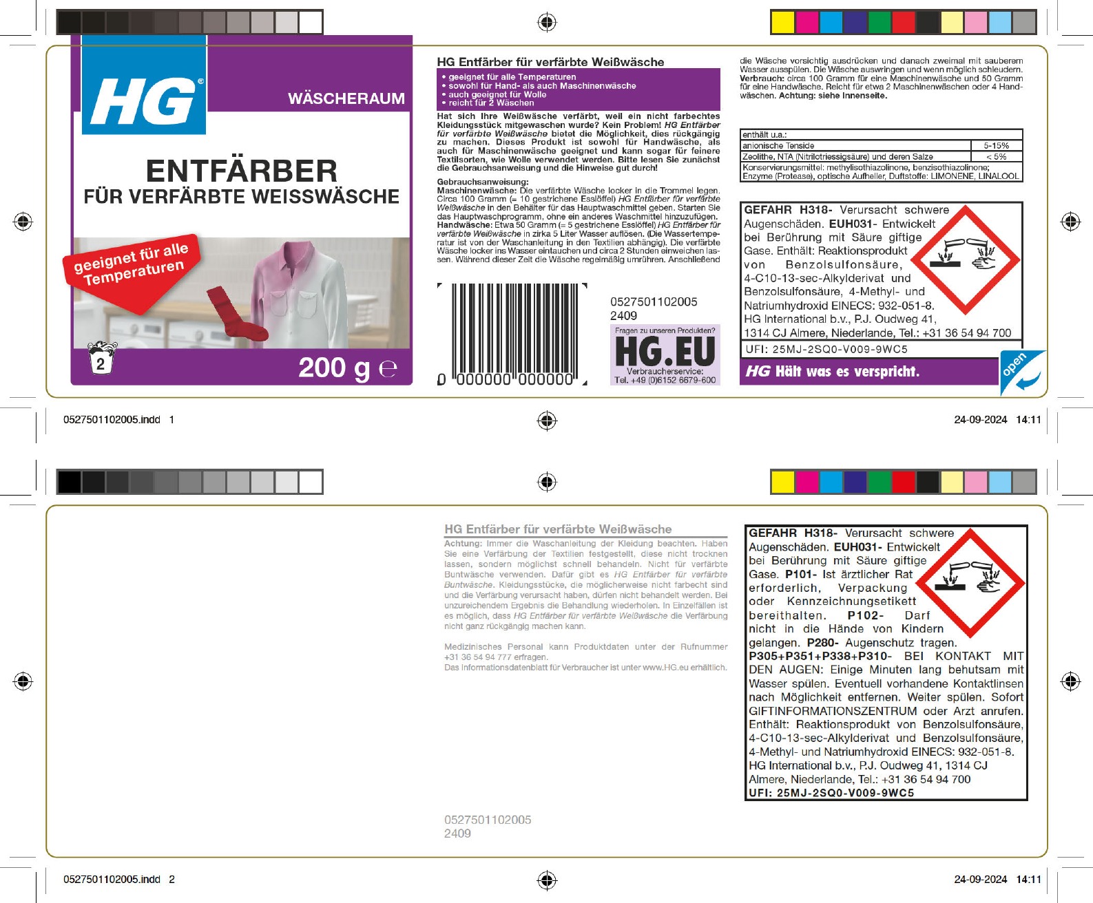 Etikett: HG Entfärber für verfärbte Weißwäsche