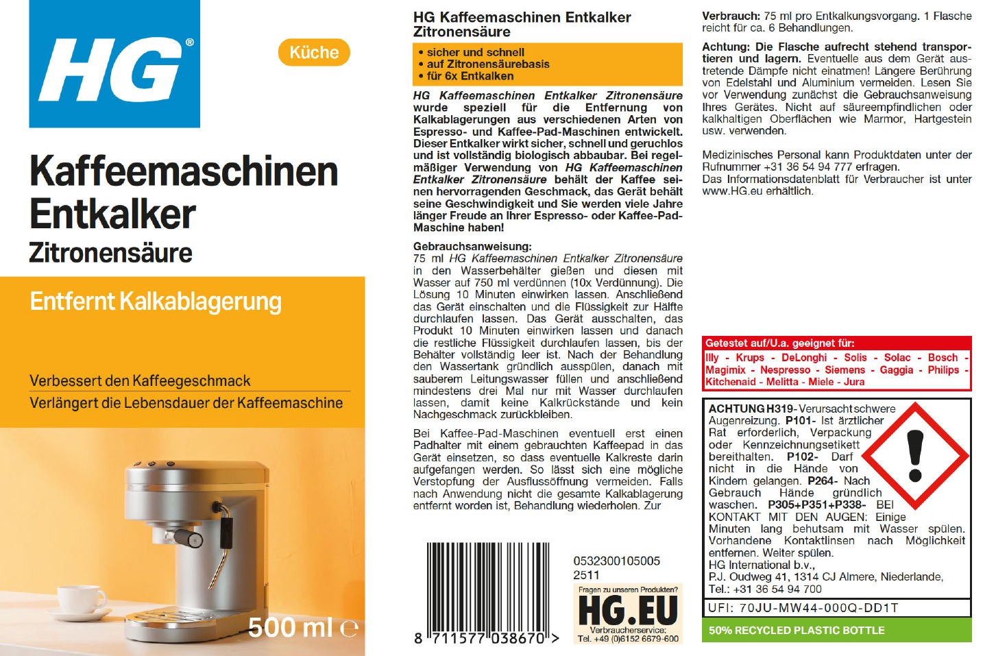 Etikett: HG Kaffeemaschinen Entkalker Zitronensäure