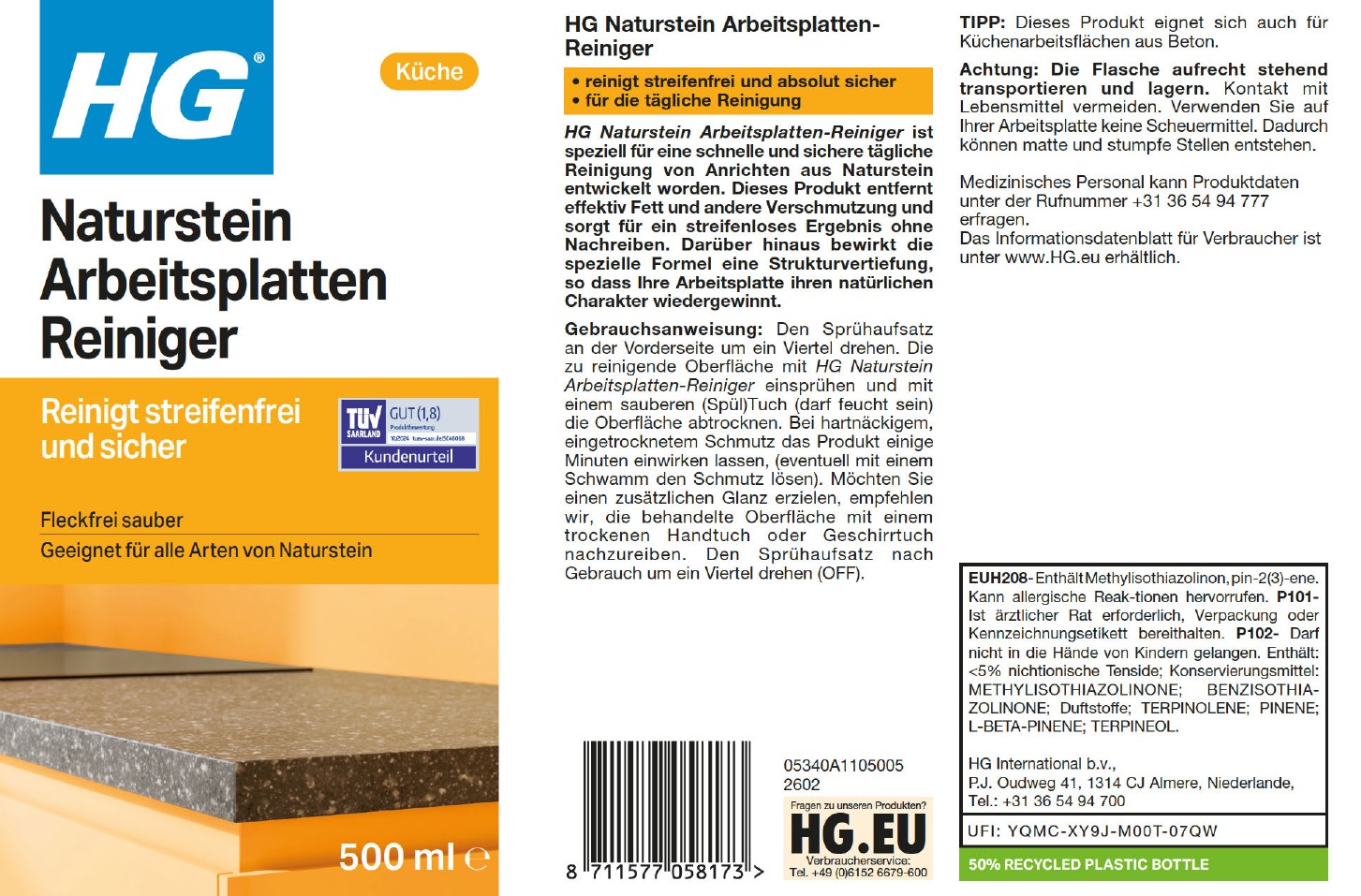 Etikett: HG Naturstein Arbeitsplatten-Reiniger
