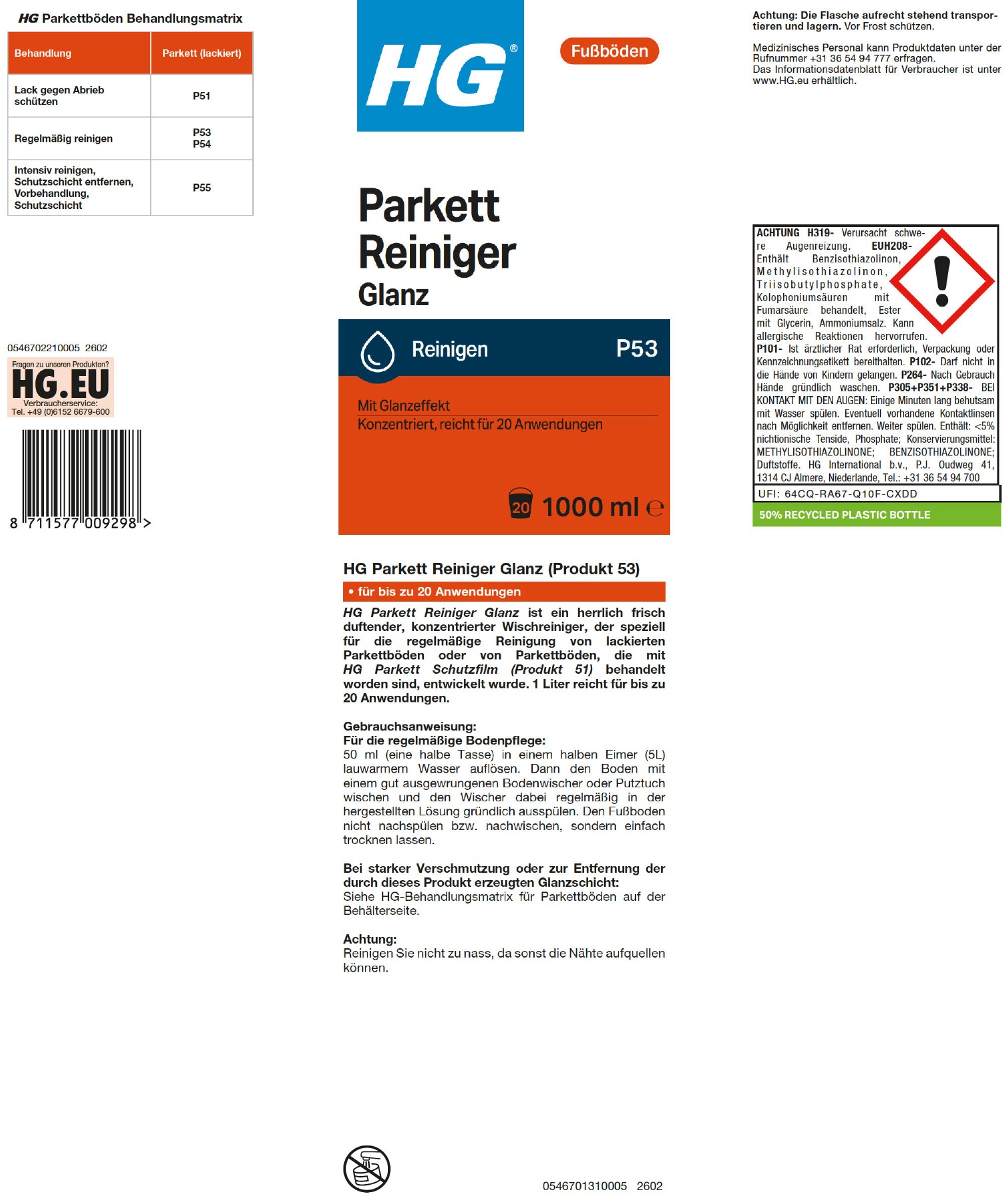 Etikett: HG Parkett Reiniger Glanz