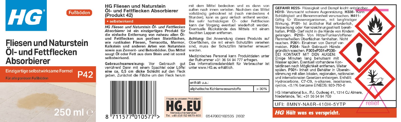 Etikett: HG Fliesen und Naturstein Öl- und Fettflecken Absorbierer