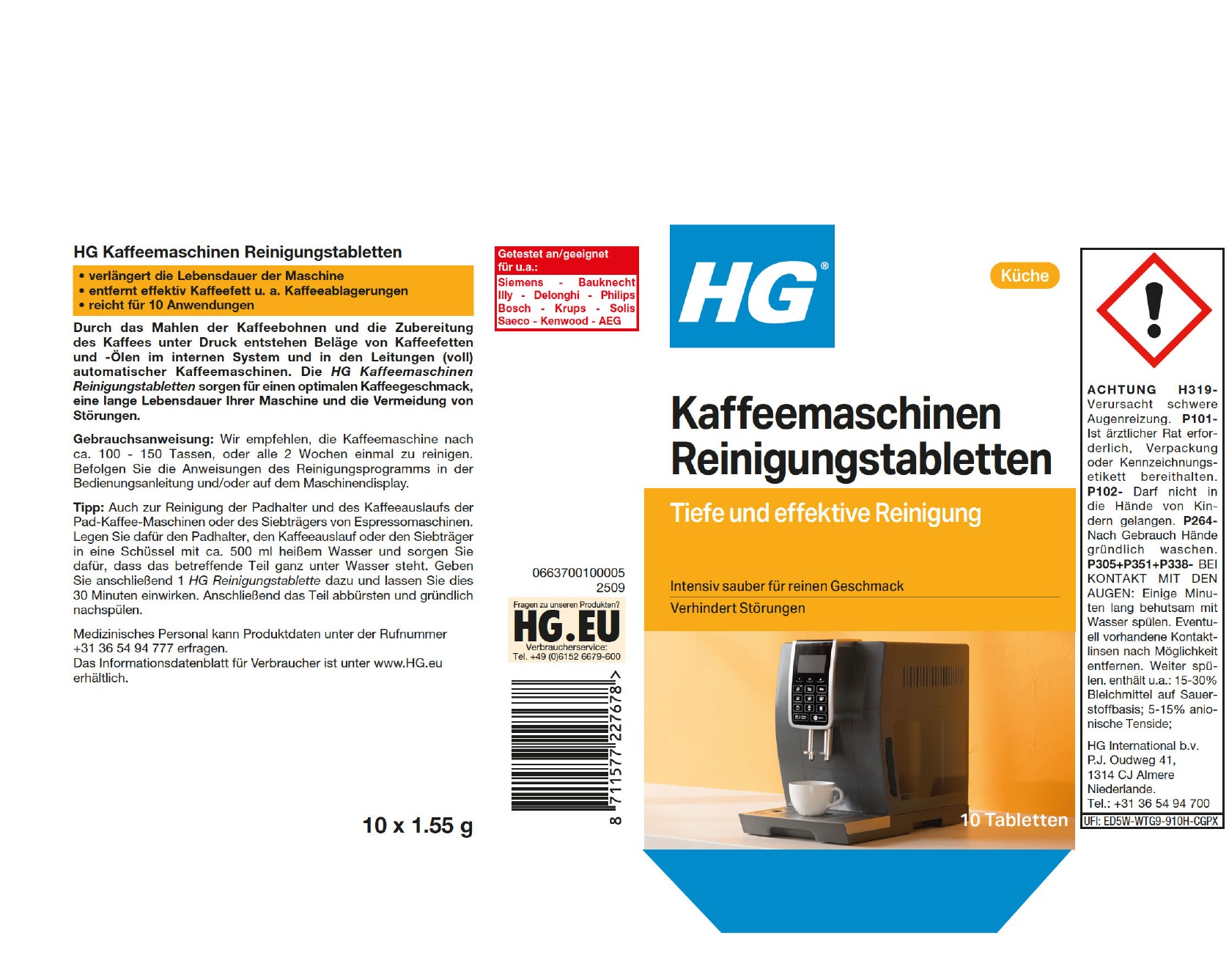 Etikett: HG Kaffeemaschinen Reiniger Tabs