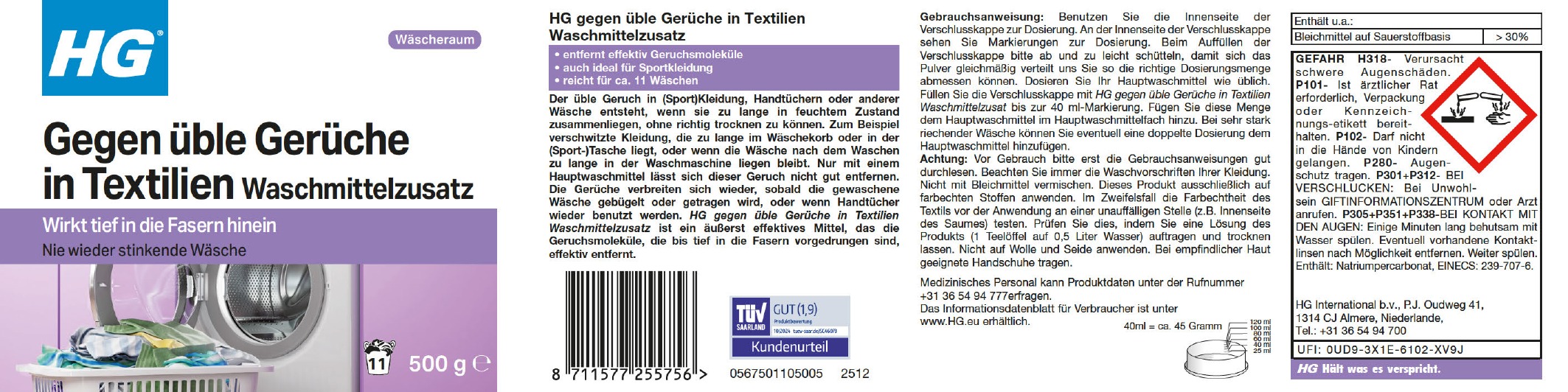 Etikett: HG gegen üble Gerüche in Textilien Waschmittelzusatz