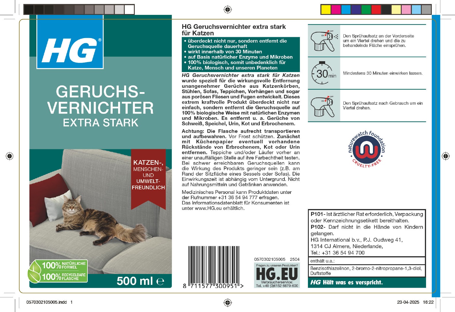 Etikett: HG Geruchsvernichter extra stark für Katzen