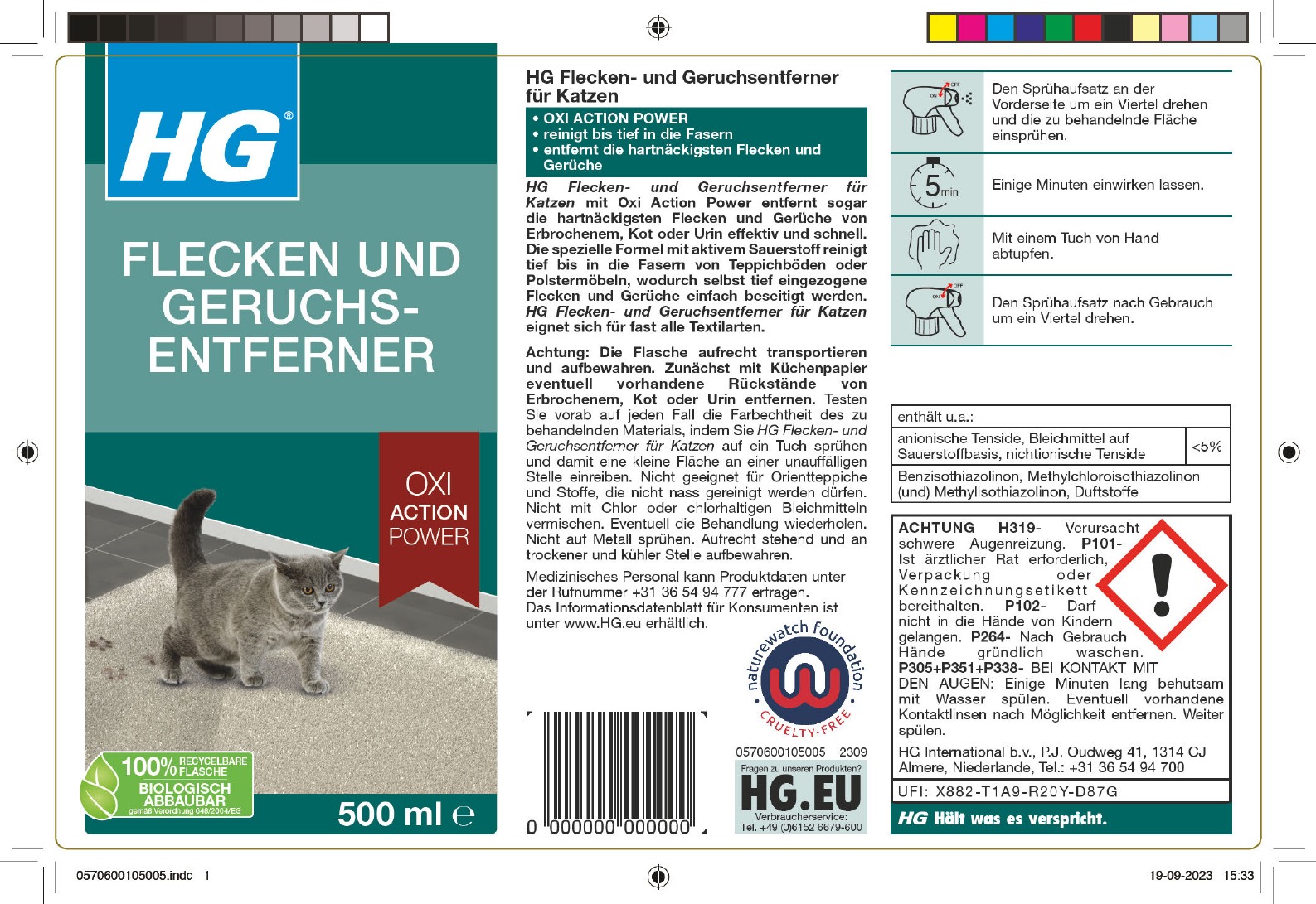Etikett: HG Flecken & Geruchsentferner für Katzen