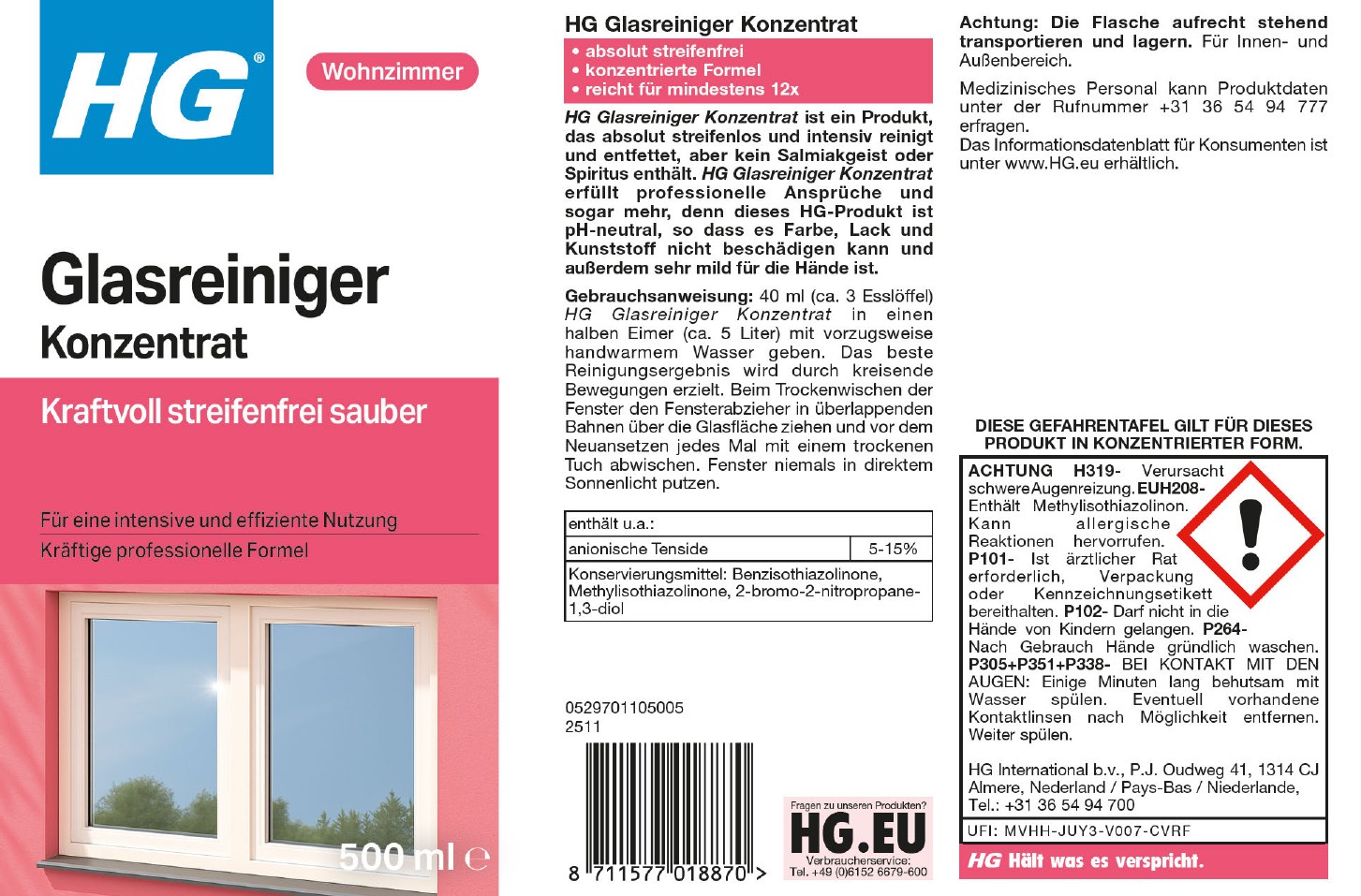 Etikett zu HG Glasreiniger Konzentrat 0,5 Liter Flasche