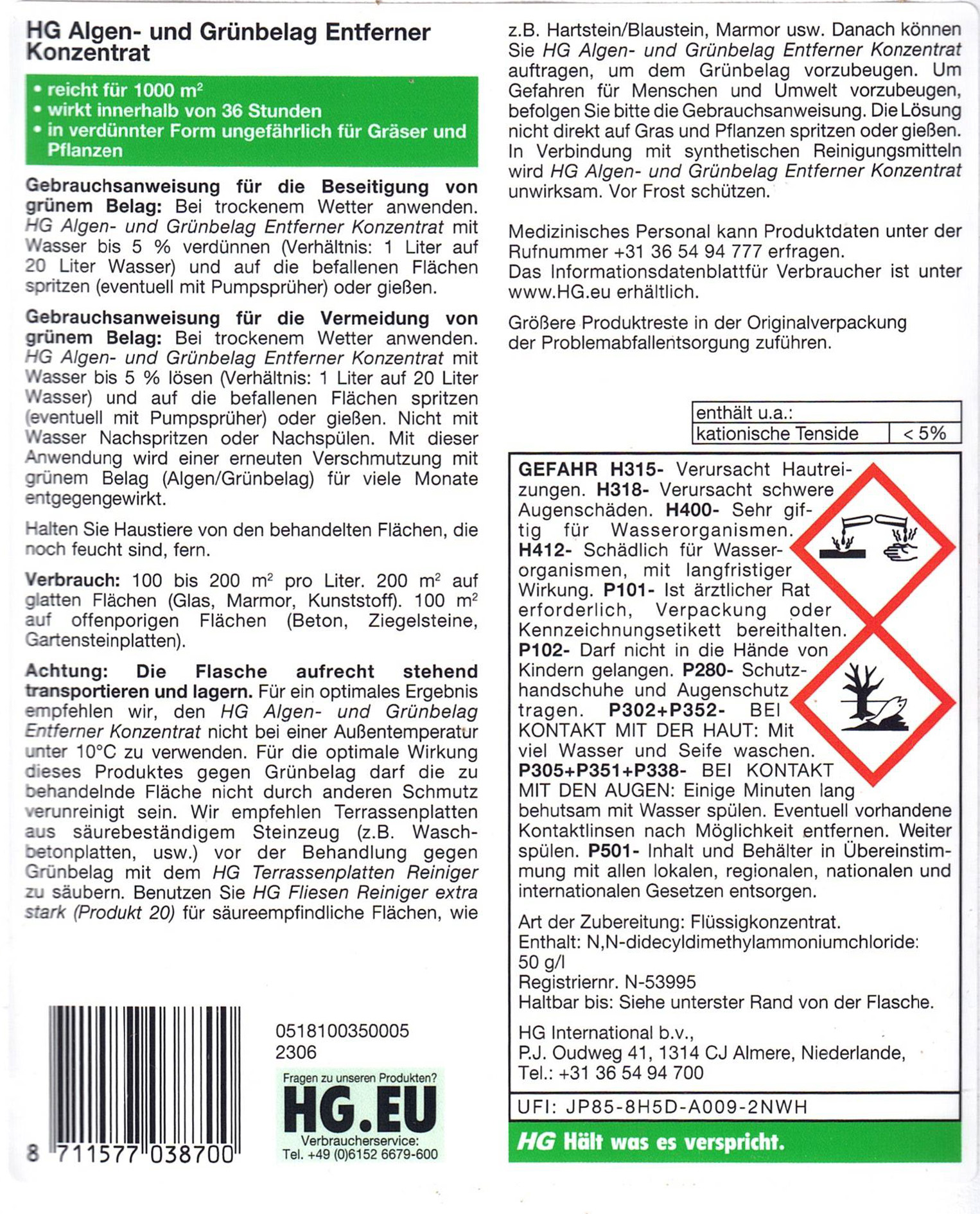Etikett: HG Algen- und Grünbelag Entferner - Konzentrat