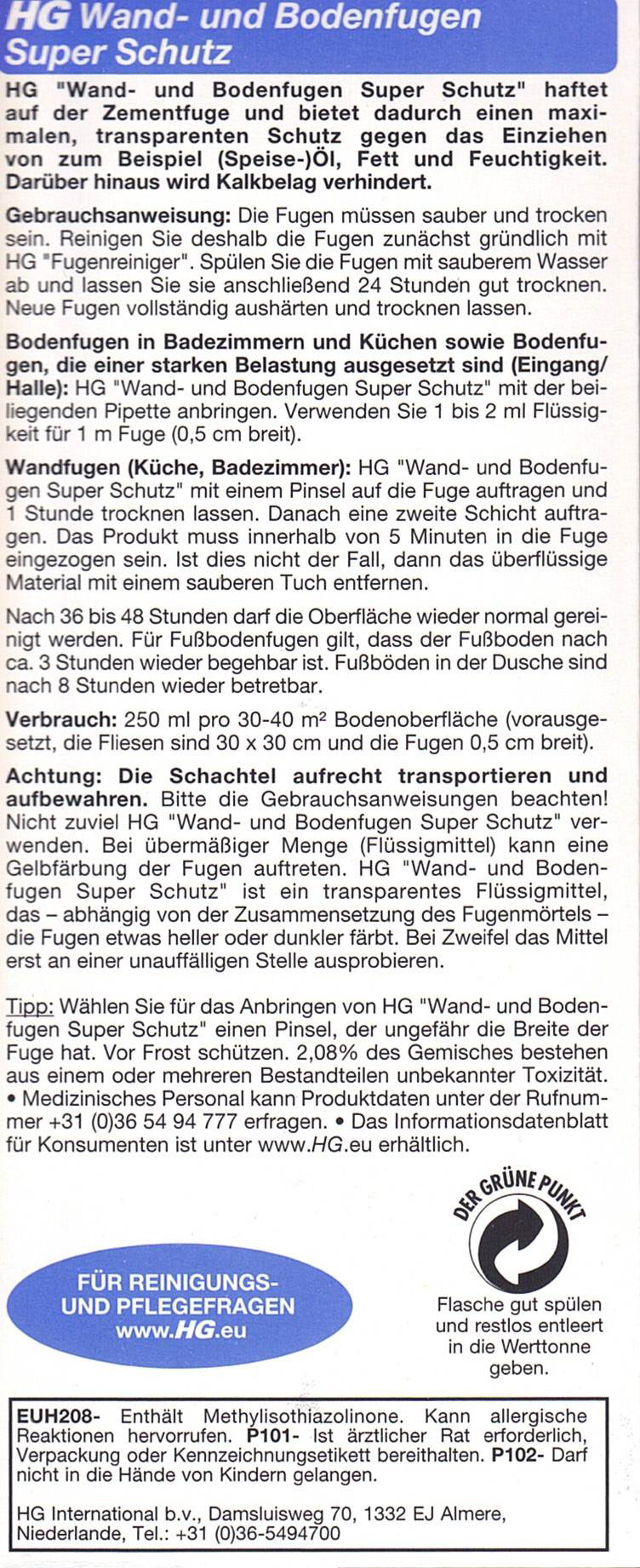 Etikett: HG Wand- & Boden Fugen"super"Schutz  250 ml