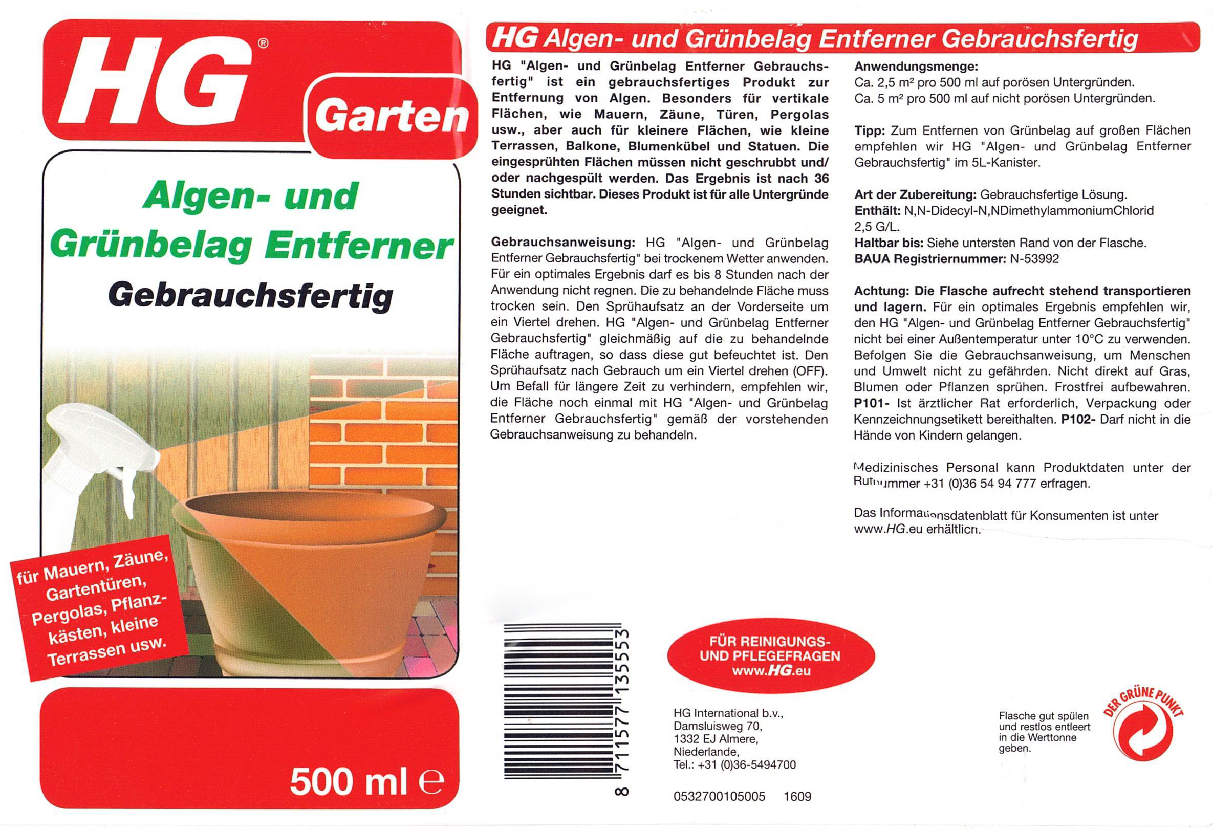 Etikett: HG Algen- und Grünbelag-Entferner Gebrauchsfertig