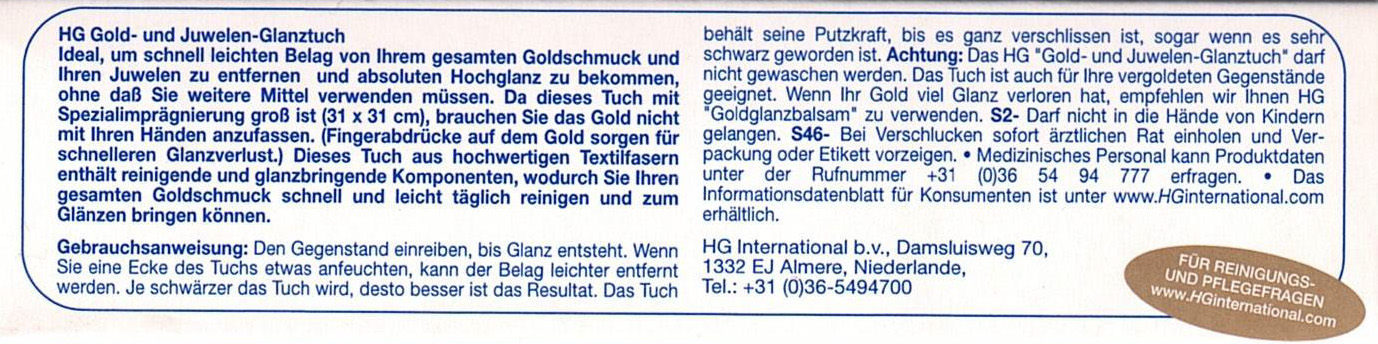 Etikett: HG Gold und Juwelen-Glanztuch
