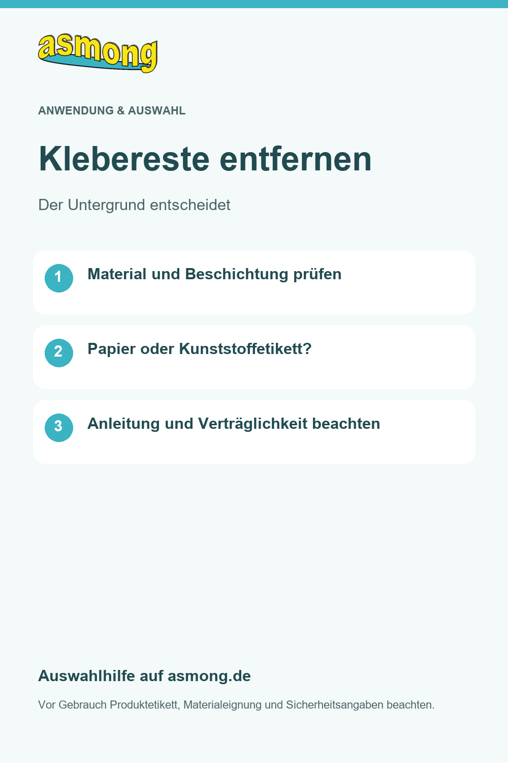 Klebereste entfernen: Klebereste auf Glas sind eine andere Aufgabe als auf lackierten oder beschichteten Flächen. Prüfen Sie vor der Auswahl Material, Etikettenart und Produktfreigabe. Die Verträglichkeit wird nach Anleitung an einer unauffälligen Stelle geprüft. Unsere Auswahlhilfe erklärt, worauf es ankommt.