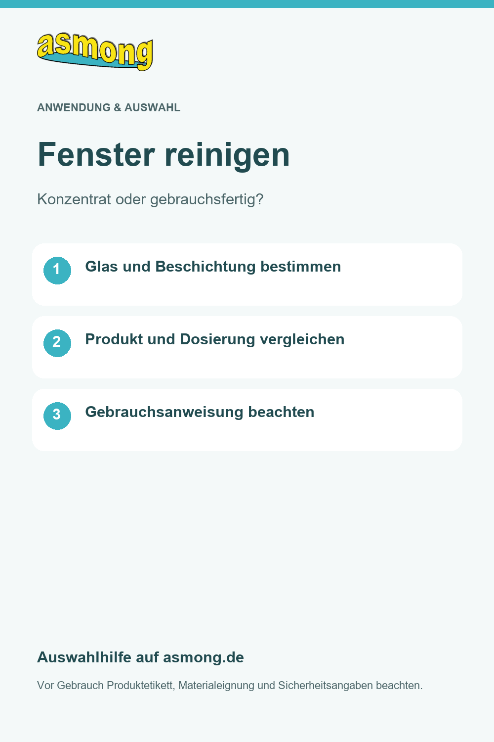 asmong Auswahlkarte Fenster reinigen: Glas und Beschichtung bestimmen, Produkt und Dosierung vergleichen sowie die Gebrauchsanweisung beachten.