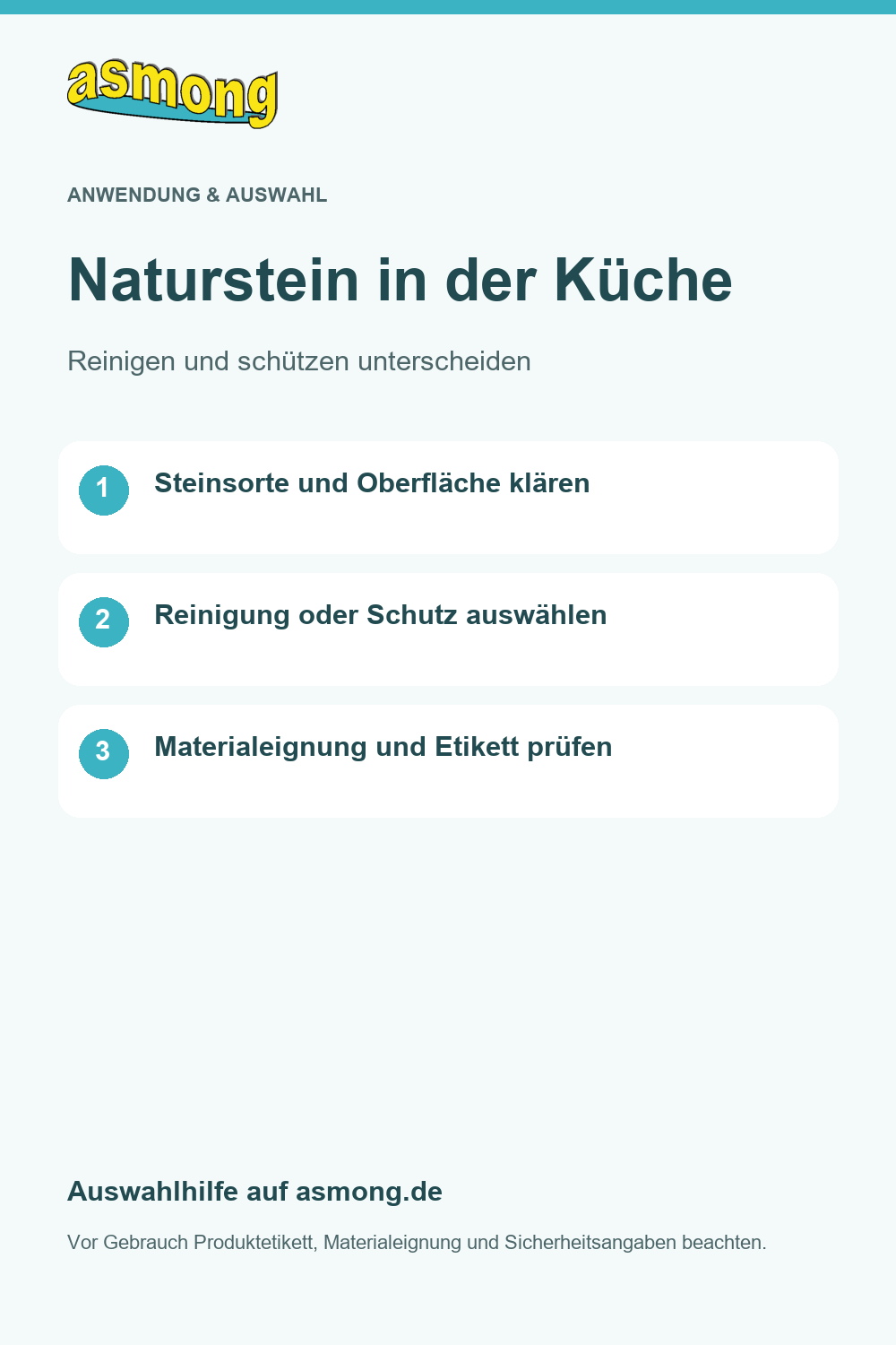 asmong Auswahlkarte Naturstein in der Küche: Steinsorte und Oberfläche klären, Reinigung und Schutz unterscheiden und die Materialeignung prüfen.
