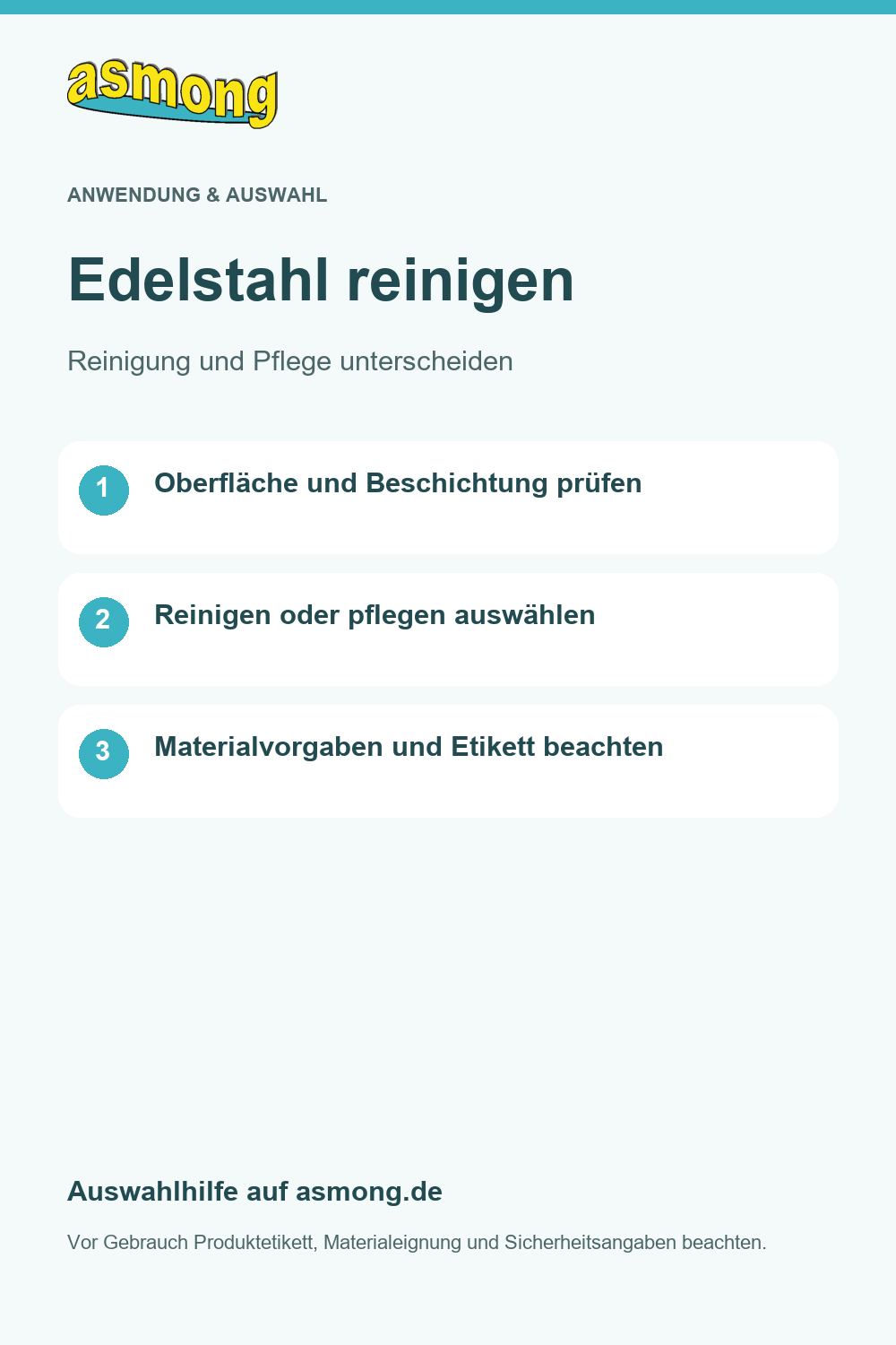 asmong Auswahlkarte Edelstahl reinigen: Oberfläche und Beschichtung prüfen, Reinigung und Pflege unterscheiden sowie Materialvorgaben und Produktetikett beachten.