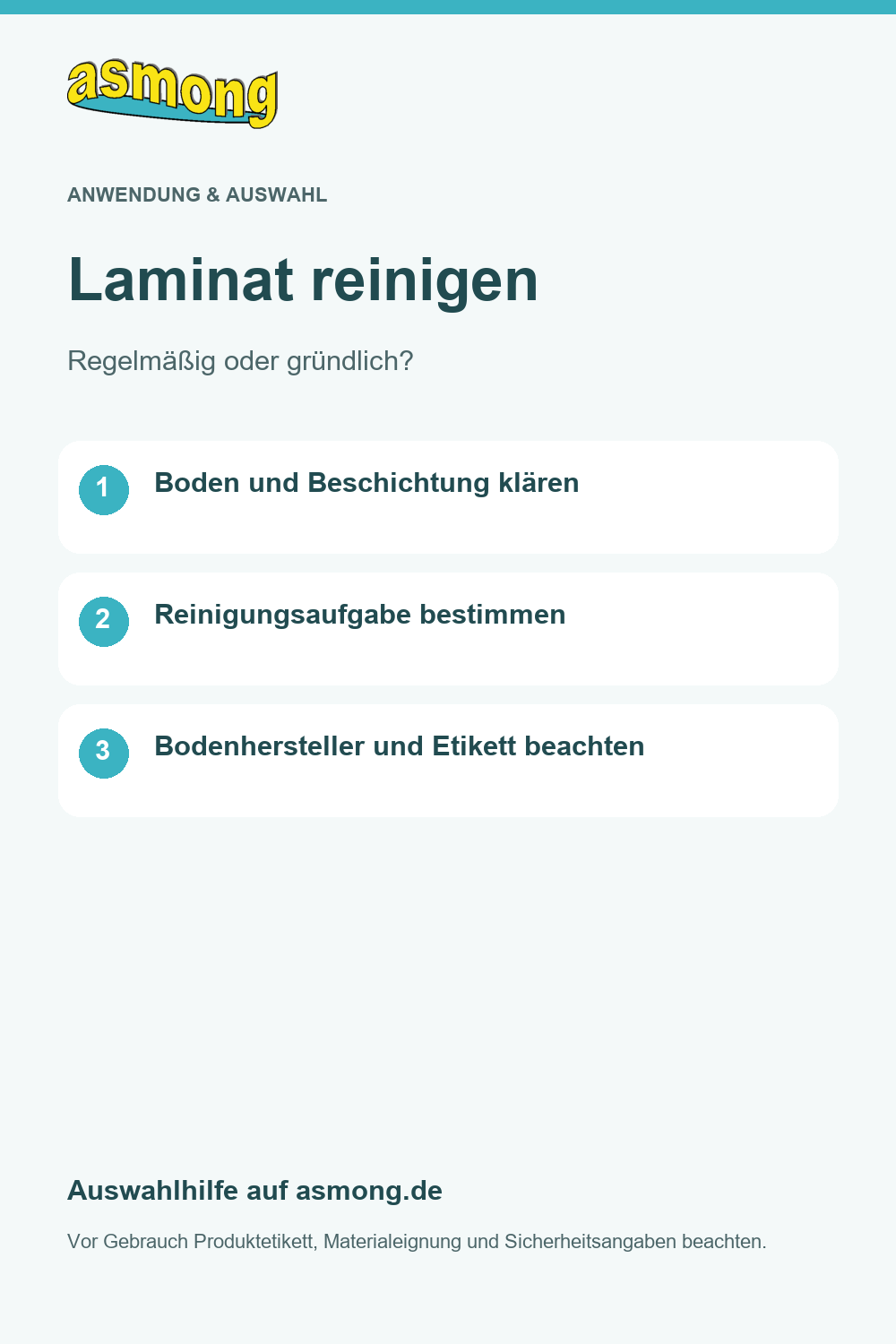 asmong Auswahlkarte Laminat reinigen: Boden und Beschichtung klären, Reinigungsaufgabe bestimmen und die Hinweise von Bodenhersteller und Produktetikett beachten.