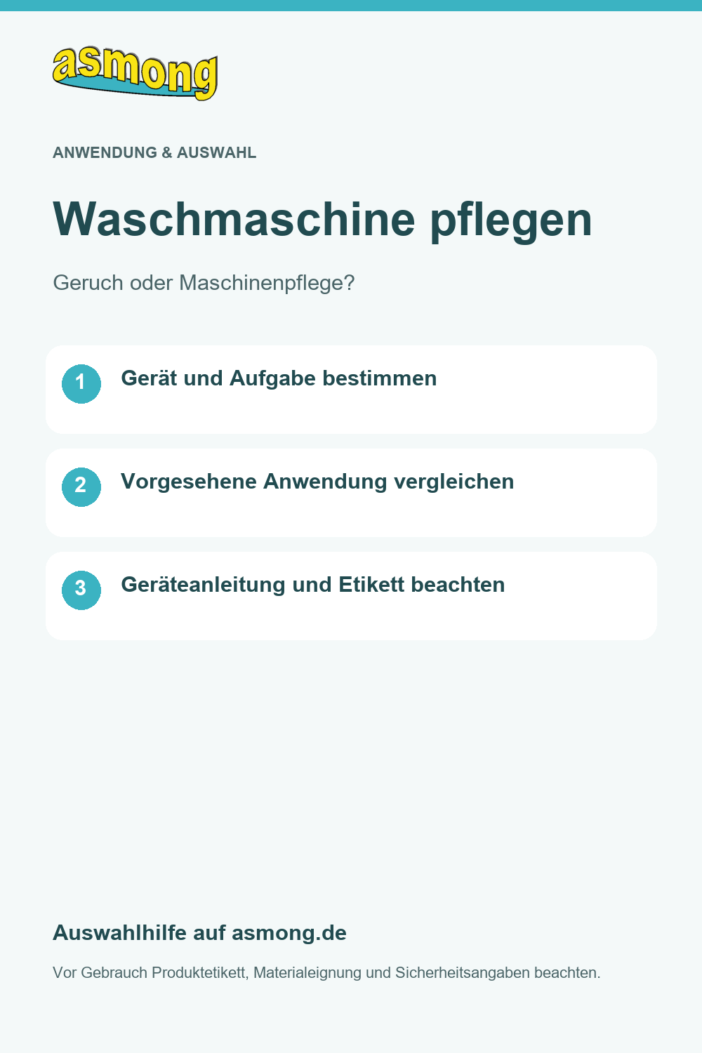 asmong Auswahlkarte Waschmaschine pflegen: Gerät und Aufgabe bestimmen, vorgesehene Anwendungen vergleichen sowie Geräteanleitung und Etikett beachten.
