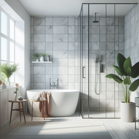 Ein modernes gefliestes Badezimmer mit einer bodengleichen Dusche einer Badewanne und einer großen Grünpflanze im Vordergrund